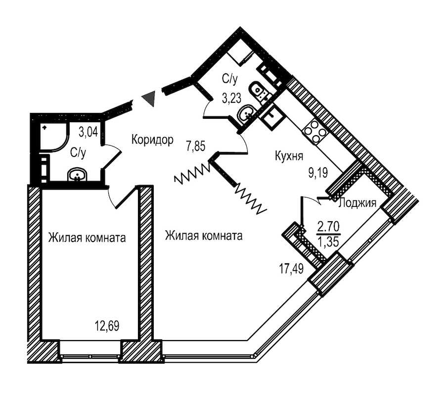 Двухкомнатная квартира в Строительный трест: площадь 54.84 м2 , этаж: 12 – купить в Санкт-Петербурге